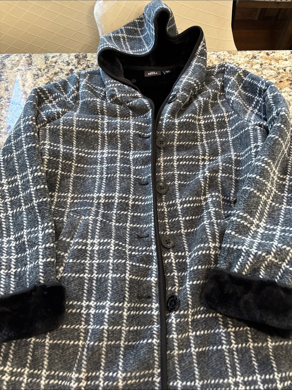Ike Behar Gray Plaid Hooded Pea Coat with Black Faux-Fur Cuffs